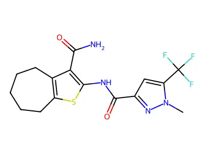 N-(3-carbamoyl-5,6,7,8-tetrahydro-4H-cyclohepta[b]thiophen-2-yl)-1-methyl-5-(trifluoromethyl)pyrazole-3-carboxamide structure