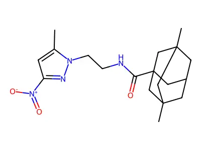 3,5-dimethyl-N-[2-(5-methyl-3-nitropyrazol-1-yl)ethyl]adamantane-1-carboxamide structure