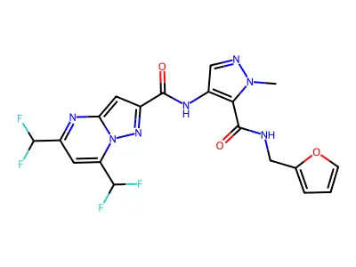 5,7-bis(difluoromethyl)-N-[5-(furan-2-ylmethylcarbamoyl)-1-methylpyrazol-4-yl]pyrazolo[1,5-a]pyrimidine-2-carboxamide structure