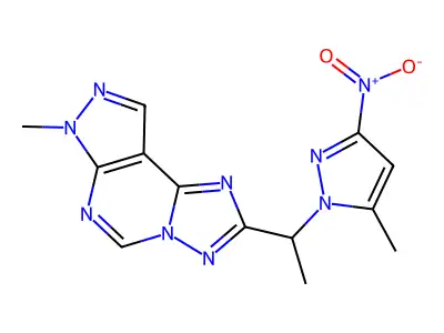 7-methyl-2-[1-(5-methyl-3-nitro-1H-pyrazol-1-yl)ethyl]-7H-pyrazolo[4,3-e][1,2,4]triazolo[1,5-c]pyrimidine structure