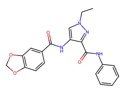 4-(1,3-benzodioxole-5-carbonylamino)-1-ethyl-N-phenylpyrazole-3-carboxamide structure