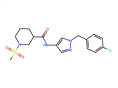 N-[1-[(4-fluorophenyl)methyl]pyrazol-4-yl]-1-methylsulfonylpiperidine-3-carboxamide structure