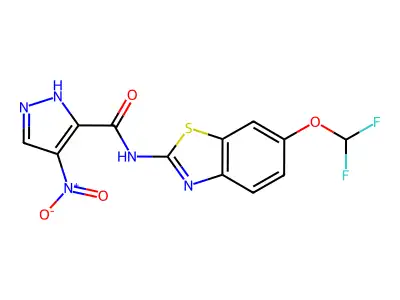 N-[6-(difluoromethoxy)-1,3-benzothiazol-2-yl]-4-nitro-1H-pyrazole-3-carboxamide structure