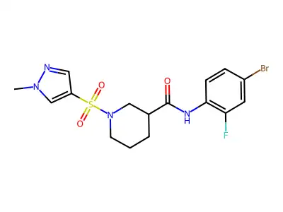 N-(4-bromo-2-fluorophenyl)-1-(1-methylpyrazol-4-yl)sulfonylpiperidine-3-carboxamide structure