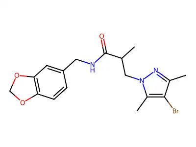 N-(1,3-benzodioxol-5-ylmethyl)-3-(4-bromo-3,5-dimethyl-1H-pyrazol-1-yl)-2-methylpropanamide structure