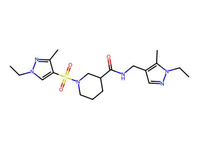 N-[(1-ethyl-5-methylpyrazol-4-yl)methyl]-1-(1-ethyl-3-methylpyrazol-4-yl)sulfonylpiperidine-3-carboxamide structure