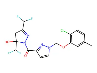 [3,5-bis(difluoromethyl)-5-hydroxy-4,5-dihydro-1H-pyrazol-1-yl]{1-[(2-chloro-5-methylphenoxy)methyl]-1H-pyrazol-3-yl}methanone structure