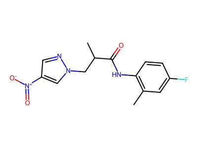 N-(4-fluoro-2-methylphenyl)-2-methyl-3-(4-nitropyrazol-1-yl)propanamide structure