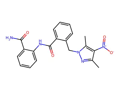 N-(2-carbamoylphenyl)-2-[(3,5-dimethyl-4-nitropyrazol-1-yl)methyl]benzamide structure