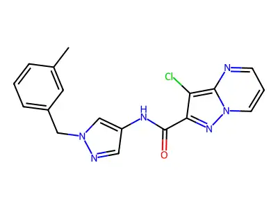 3-chloro-N-[1-(3-methylbenzyl)-1H-pyrazol-4-yl]pyrazolo[1,5-a]pyrimidine-2-carboxamide structure