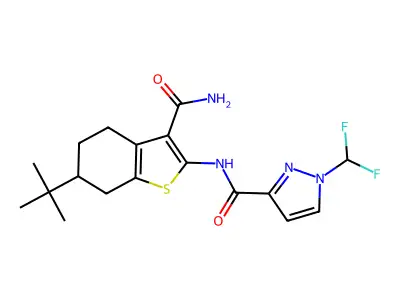 N-(6-tert-butyl-3-carbamoyl-4,5,6,7-tetrahydro-1-benzothiophen-2-yl)-1-(difluoromethyl)pyrazole-3-carboxamide structure