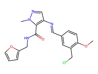 (E)-4-((3-(chloromethyl)-4-methoxybenzylidene)amino)-N-(furan-2-ylmethyl)-1-methyl-1H-pyrazole-5-carboxamide structure