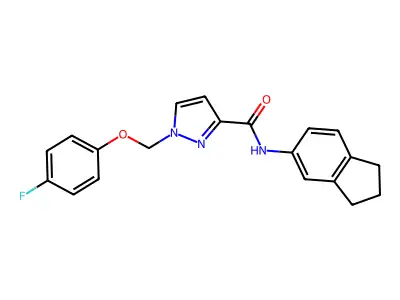 N-(2,3-dihydro-1H-inden-5-yl)-1-[(4-fluorophenoxy)methyl]pyrazole-3-carboxamide structure