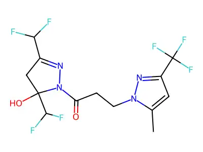 1-[3,5-bis(difluoromethyl)-5-hydroxy-4H-pyrazol-1-yl]-3-[5-methyl-3-(trifluoromethyl)pyrazol-1-yl]propan-1-one structure