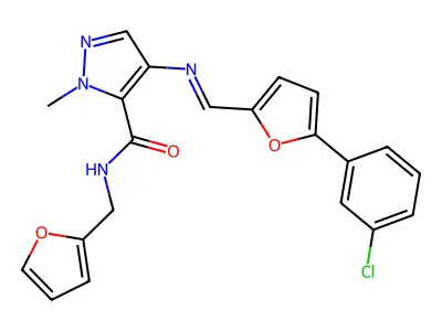 (E)-4-(((5-(3-chlorophenyl)furan-2-yl)methylene)amino)-N-(furan-2-ylmethyl)-1-methyl-1H-pyrazole-5-carboxamide structure