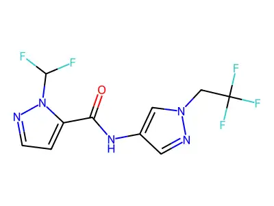 1-(difluoromethyl)-N-[1-(2,2,2-trifluoroethyl)-1H-pyrazol-4-yl]-1H-pyrazole-5-carboxamide structure