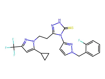3-[2-[5-cyclopropyl-3-(trifluoromethyl)pyrazol-1-yl]ethyl]-4-[1-[(2-fluorophenyl)methyl]pyrazol-3-yl]-1H-1,2,4-triazole-5-thione structure