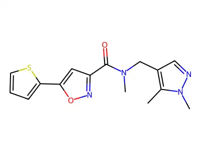 N-[(1,5-dimethylpyrazol-4-yl)methyl]-N-methyl-5-thiophen-2-yl-1,2-oxazole-3-carboxamide structure
