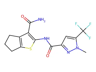 N-(3-carbamoyl-5,6-dihydro-4H-cyclopenta[b]thiophen-2-yl)-1-methyl-5-(trifluoromethyl)pyrazole-3-carboxamide structure