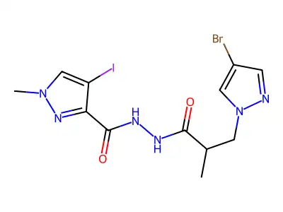 N'-[3-(4-bromopyrazol-1-yl)-2-methylpropanoyl]-4-iodo-1-methylpyrazole-3-carbohydrazide structure