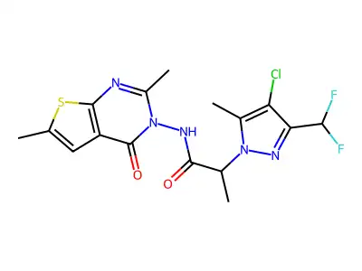 2-[4-chloro-3-(difluoromethyl)-5-methylpyrazol-1-yl]-N-(2,6-dimethyl-4-oxothieno[2,3-d]pyrimidin-3-yl)propanamide structure