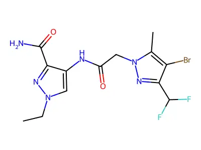 4-[[2-[4-bromo-3-(difluoromethyl)-5-methylpyrazol-1-yl]acetyl]amino]-1-ethylpyrazole-3-carboxamide structure