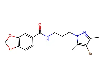 N-[3-(4-bromo-3,5-dimethylpyrazol-1-yl)propyl]-1,3-benzodioxole-5-carboxamide structure
