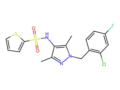 N-[1-[(2-chloro-4-fluorophenyl)methyl]-3,5-dimethylpyrazol-4-yl]thiophene-2-sulfonamide structure