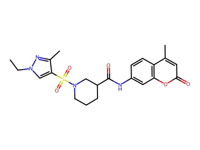 1-(1-ethyl-3-methylpyrazol-4-yl)sulfonyl-N-(4-methyl-2-oxochromen-7-yl)piperidine-3-carboxamide structure