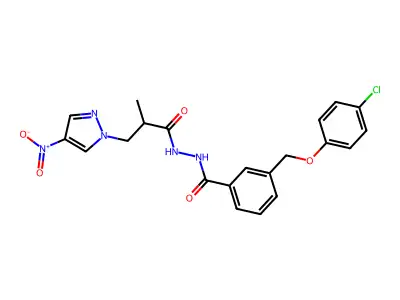 3-[(4-chlorophenoxy)methyl]-N'-[2-methyl-3-(4-nitropyrazol-1-yl)propanoyl]benzohydrazide structure