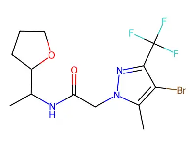 2-[4-bromo-5-methyl-3-(trifluoromethyl)pyrazol-1-yl]-N-[1-(oxolan-2-yl)ethyl]acetamide structure