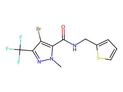 4-bromo-2-methyl-N-(thiophen-2-ylmethyl)-5-(trifluoromethyl)pyrazole-3-carboxamide structure