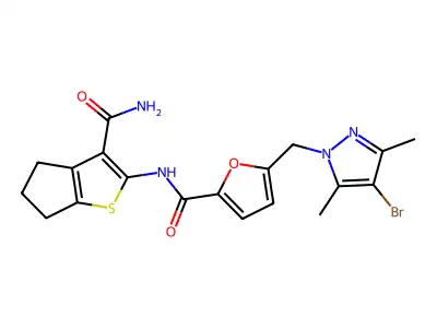 5-[(4-bromo-3,5-dimethylpyrazol-1-yl)methyl]-N-(3-carbamoyl-5,6-dihydro-4H-cyclopenta[b]thiophen-2-yl)furan-2-carboxamide structure