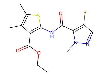 ethyl 2-(4-bromo-1-methyl-1H-pyrazole-5-carboxamido)-4,5-dimethylthiophene-3-carboxylate structure