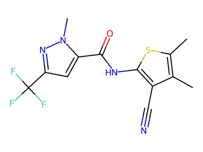 N-(3-cyano-4,5-dimethylthiophen-2-yl)-2-methyl-5-(trifluoromethyl)pyrazole-3-carboxamide structure