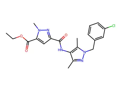 ethyl 3-((1-(3-chlorobenzyl)-3,5-dimethyl-1H-pyrazol-4-yl)carbamoyl)-1-methyl-1H-pyrazole-5-carboxylate structure