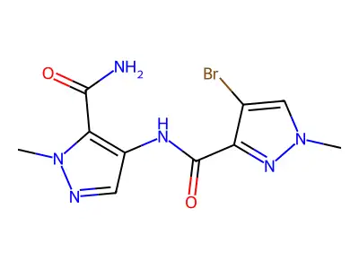 4-bromo-N-(5-carbamoyl-1-methylpyrazol-4-yl)-1-methylpyrazole-3-carboxamide structure