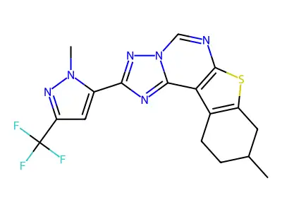 9-methyl-2-[1-methyl-3-(trifluoromethyl)-1H-pyrazol-5-yl]-8,9,10,11-tetrahydro[1]benzothieno[3,2-e][1,2,4]triazolo[1,5-c]pyrimidine structure