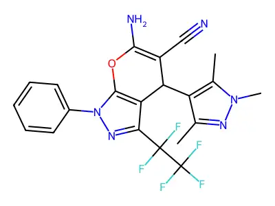 6-amino-3-(1,1,2,2,2-pentafluoroethyl)-1-phenyl-4-(1,3,5-trimethylpyrazol-4-yl)-4H-pyrano[2,3-c]pyrazole-5-carbonitrile structure
