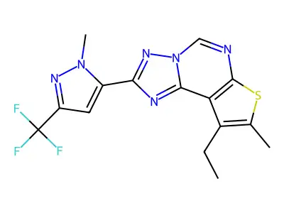 9-ethyl-8-methyl-2-[1-methyl-3-(trifluoromethyl)-1H-pyrazol-5-yl]thieno[3,2-e][1,2,4]triazolo[1,5-c]pyrimidine structure