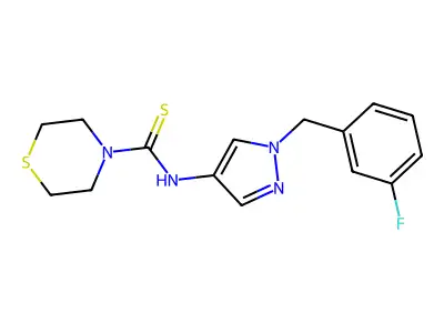 N-[1-[(3-fluorophenyl)methyl]pyrazol-4-yl]thiomorpholine-4-carbothioamide structure