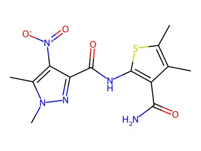 N-(3-carbamoyl-4,5-dimethylthiophen-2-yl)-1,5-dimethyl-4-nitropyrazole-3-carboxamide structure