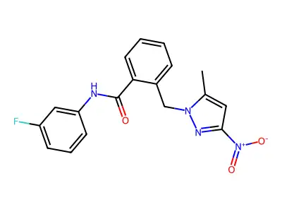 N-(3-fluorophenyl)-2-[(5-methyl-3-nitropyrazol-1-yl)methyl]benzamide structure