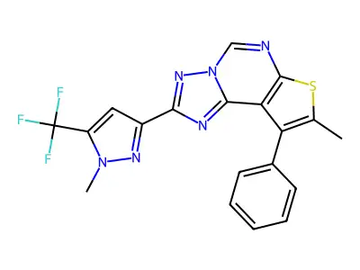8-methyl-2-[1-methyl-5-(trifluoromethyl)-1H-pyrazol-3-yl]-9-phenylthieno[3,2-e][1,2,4]triazolo[1,5-c]pyrimidine structure