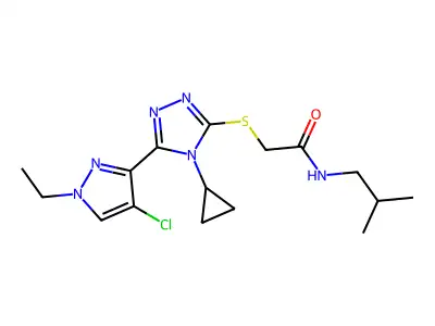 2-[[5-(4-chloro-1-ethylpyrazol-3-yl)-4-cyclopropyl-1,2,4-triazol-3-yl]sulfanyl]-N-(2-methylpropyl)acetamide structure