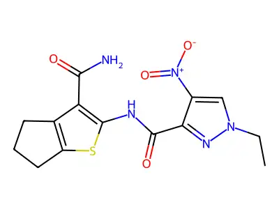 N-(3-carbamoyl-5,6-dihydro-4H-cyclopenta[b]thiophen-2-yl)-1-ethyl-4-nitropyrazole-3-carboxamide structure
