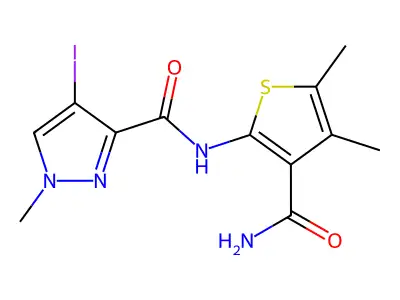 N-(3-carbamoyl-4,5-dimethylthiophen-2-yl)-4-iodo-1-methylpyrazole-3-carboxamide structure