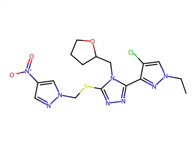 3-(4-chloro-1-ethylpyrazol-3-yl)-5-[(4-nitropyrazol-1-yl)methylsulfanyl]-4-(oxolan-2-ylmethyl)-1,2,4-triazole structure