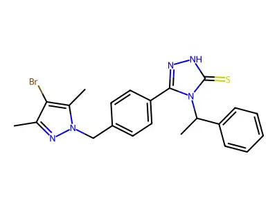 3-[4-[(4-bromo-3,5-dimethylpyrazol-1-yl)methyl]phenyl]-4-(1-phenylethyl)-1H-1,2,4-triazole-5-thione structure