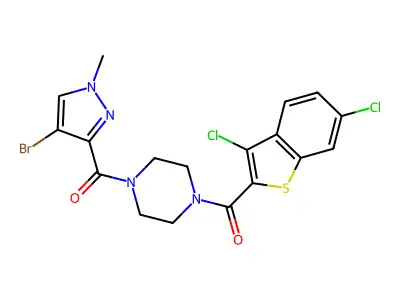 [4-(4-bromo-1-methylpyrazole-3-carbonyl)piperazin-1-yl]-(3,6-dichloro-1-benzothiophen-2-yl)methanone structure